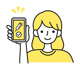 ワクチンの接種証明をスマートフォンで提示する女性のイラスト