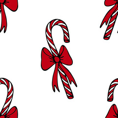 Seamless vector pattern with candy cane on white background. Simple Christmas sweet wallpaper design. Decorative winter festive fashion textile. 