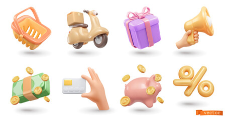 Online shop 3d render realistic vector icon set. Basket, delivery, gift, promotion, payment, card, bonus, discounts - 467704679