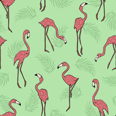 Seamless vector  pattern with tropical bird on green background. Textured flamingo wallpaper design. Decorative rainforest fashion textile.