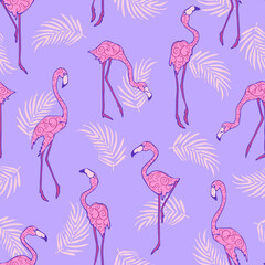 Seamless vector pattern with tropical bird on purple background. Textured flamingo wallpaper design. Decorative summer fun fashion textile.