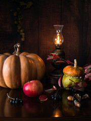 Autumn still life of pumpkin and apples, kerasin lamp