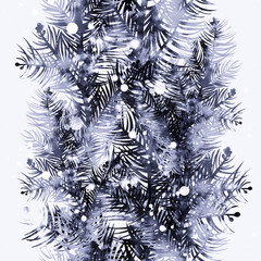 Spruce branches winter seamless pattern. Digital lines hand drawn picture with watercolour texture. Mixed media artwork. Endless motif for packaging, scrapbooking, decoupage, textiles.