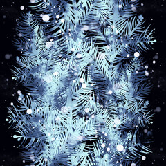 Spruce branches winter seamless pattern. Digital lines hand drawn picture with watercolour texture. Mixed media artwork. Endless motif for packaging, scrapbooking, decoupage, textiles.