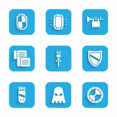 Set Torch flame, Executioner mask, Round wooden shield, Shield, Quiver with arrows, Decree, parchment, scroll, Trumpet flag and icon. Vector