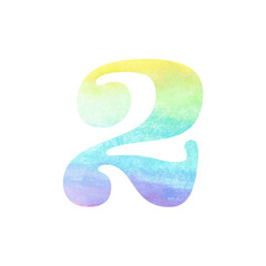 number 2, colorful watercolor font, isolated on white