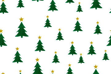 Green Christmas tree with a gold star on a white background. Seamless pattern