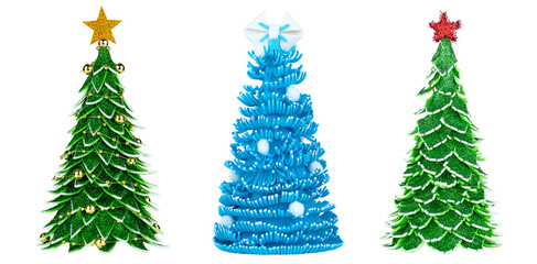 Three beautiful Christmas trees isolated on white background