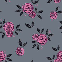 Seamless vector pattern with pink roses on grey background. Simple vintage floral wallpaper design. Decorative romantic fashion textile.