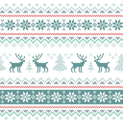 Seamless knitting pattern with Christmas trees and deers - obrazy, fototapety, plakaty