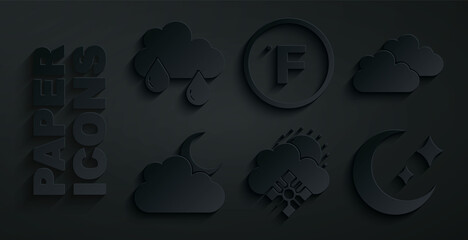 Set Cloud with snow and sun, moon, Moon stars, Fahrenheit and rain icon. Vector