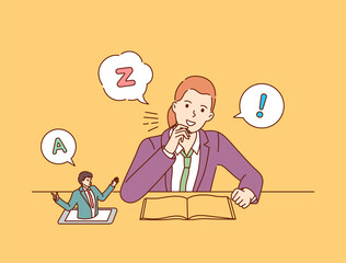 Education, learning, school. Schoolgirl is learning or thinking about solving exercise with virtual internet teacher.