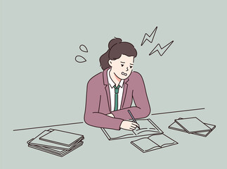 Mental stress, education, preparation, frustration, learning. Stressed school student sitting at table with pile of books and studying.