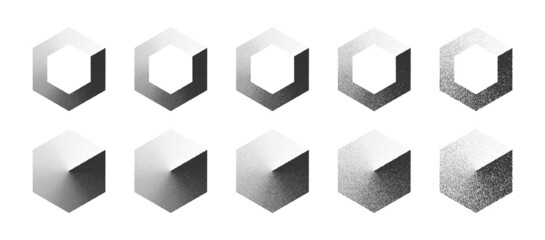 Stippled Hexagon Clockwise Gradient Hand Drawn Dotwork Vector Abstract Shapes Set In Different Variations Isolated On White Background. Various Degree Black Noise Dotted Hexagonal Elements Collection