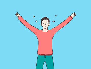 Fun, success, celebration, winner. Happy boy ro man with hands up.