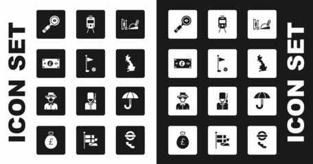 Set Robin hood hat, Golf flag, Pound sterling money, Magnifying glass, England map, Tram railway, Umbrella and Queen Elizabeth icon. Vector