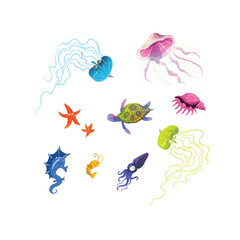 Naklejka premium Hand-drawn set of fairytale marine life for stickers, book and posters decoration