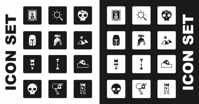 Set Broken human skull, Roman army helmet, Medieval iron, Portrait in museum, Egypt pyramids, Magnifying glass, Human and Torch flame icon. Vector