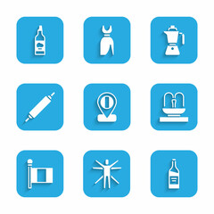 Set Location flag Italy, Vitruvian Man, Bottle of wine, Fountain, Flag, Rolling pin, Coffee moca pot and olive oil icon. Vector