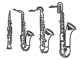 Set of simple images different types of saxophones (soprano, alto, tenor, baritone) drawn by lines. - obrazy, fototapety, plakaty