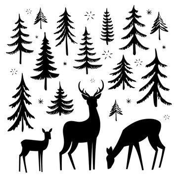 Deer silhouettes. Set of hand drawn Christmas trees isolated on white background. Fir tree silhouettes. Vector illustration.