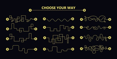Set of difficult and easy simple way process from start to end. Vector card illustration with path to success outline art concept. The road from point a to point b. Right and wrong way with messy line