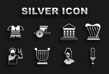 Set Ancient lyre, Harp, Medieval sword, bust sculpture, Zeus, Parthenon, Body armor and chariot icon. Vector