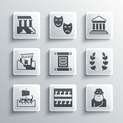 Set Ancient Greek pattern, Socrates, Laurel wreath, Decree, parchment, scroll, trireme, ruins, Parthenon and icon. Vector