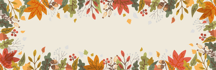 Autumn frame with hand drawn colorful leaves, berries, acorns. Cute warm background with cozy elements leaf fall. Modern design background for horizontal banner, poster, cover. Vector illustration - obrazy, fototapety, plakaty