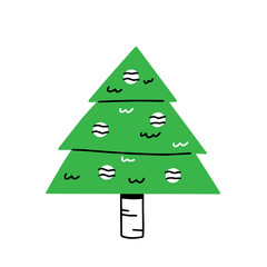 Christmas triangular tree in simple linear cartoon doodle style. Vector illustration Happy New Year and Merry Christmas.