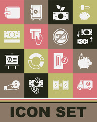 Set Armored truck, Piggy bank with coin, Money exchange, plant the pot, Credit card inserted, Stacks paper money cash, Wallet and No icon. Vector