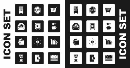 Set Shopping cart and dollar, Safe, Envelope with symbol, ATM, Piggy bank hammer, No money, Financial growth decrease and Wallet icon. Vector