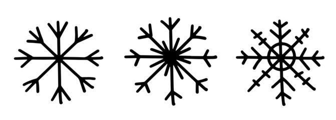 A set of three black different hand draw snowflake icons. Vector illustration isolated on background.