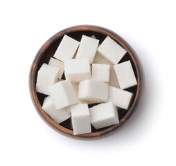 White refined sugar cubes in wooden bowl