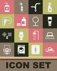 Set Electric iron, Brush for cleaning, Tube of toothpaste, Industry metallic pipe, Bottle shampoo, Shower, Hand sanitizer bottle and Round makeup mirror icon. Vector