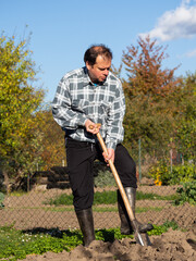 Man digging the garden soil with spade