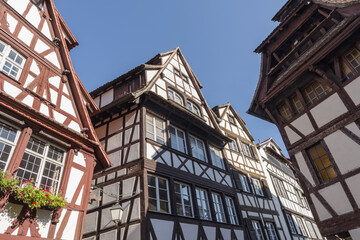 Low angle view of half timbered houses, Strasbourg, Alsace, France