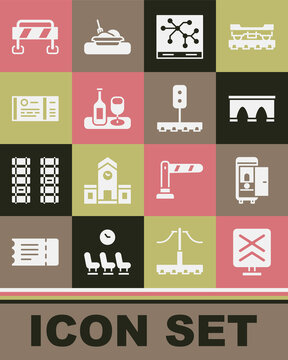Set Railroad crossing, Toilet the train car, Bridge for, Railway map, Wine bottle with glass, Train ticket, Road barrier and traffic light icon. Vector