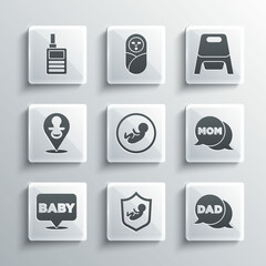 Set Baby on shield, Speech bubble dad, mom, dummy pacifier, Monitor Walkie Talkie and potty icon. Vector