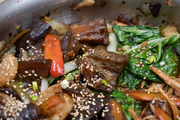 Korean vegan meal with carrot, eggplant, cabbage, pepper, raddish