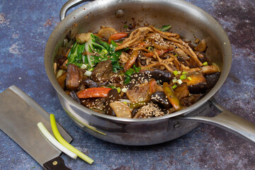 Korean vegan meal with carrot, eggplant, cabbage, pepper, raddish