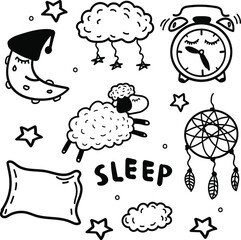 Sleep dream night doodle set. Hand drawn sketch style. .Vector illustration on white background.