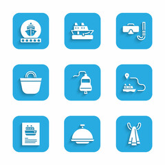 Set Ship bell, Covered with tray, Towel on hanger, line path, Cruise ship, Beach bag, Diving mask and snorkel and icon. Vector