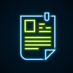 Glowing neon line Resume icon isolated on black background. CV application. Searching professional staff. Analyzing personnel resume. Colorful outline concept. Vector