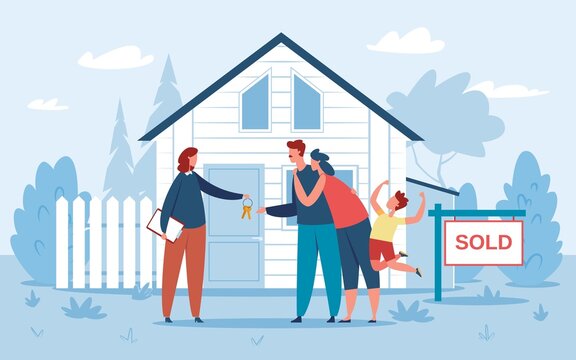 Family Buying New House, Real Estate Agent Giving Keys To Buyers. Happy Couple With Kids Purchasing Property, Real Estate Vector Illustration. Characters With Child Moving To New Home