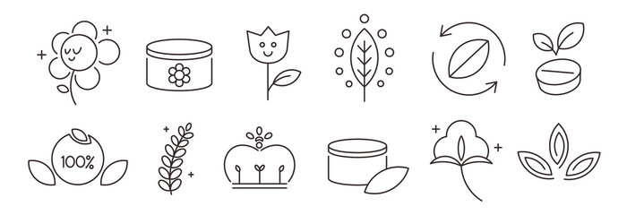 Natural plants flowers herbs cosmetics organic cotton vectors icons symbols designs set signs