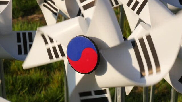 Taegeukgi Korean Flag pinwheel toy in the wind.