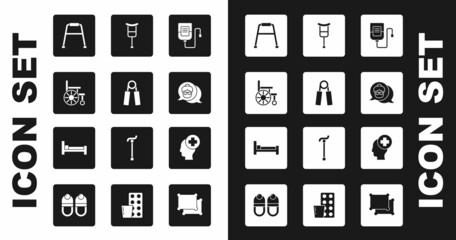 Set IV bag, Sport expander, Wheelchair, Walker, Grandmother, Crutch crutches, Male head with hospital and Bed icon. Vector