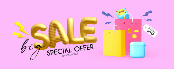 3D sale banner with golden text and gift bags isolated on pink background.