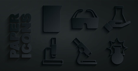 Set Microscope, Test tube and flask, Chemical explosion, Safety goggle glasses and Laboratory glassware or beaker icon. Vector